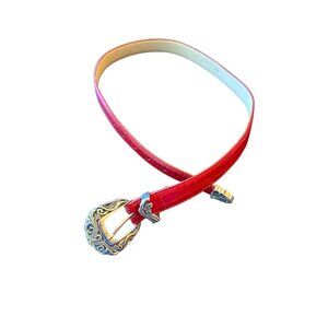 Coldwater Creek Red Leather Embossed Belt Silver-Tone Buckle Western Style Small
